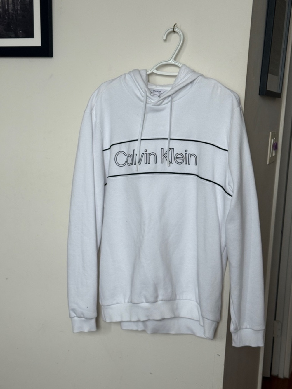 Mens Calvin Klein White Hoodie with Black Logo Piping